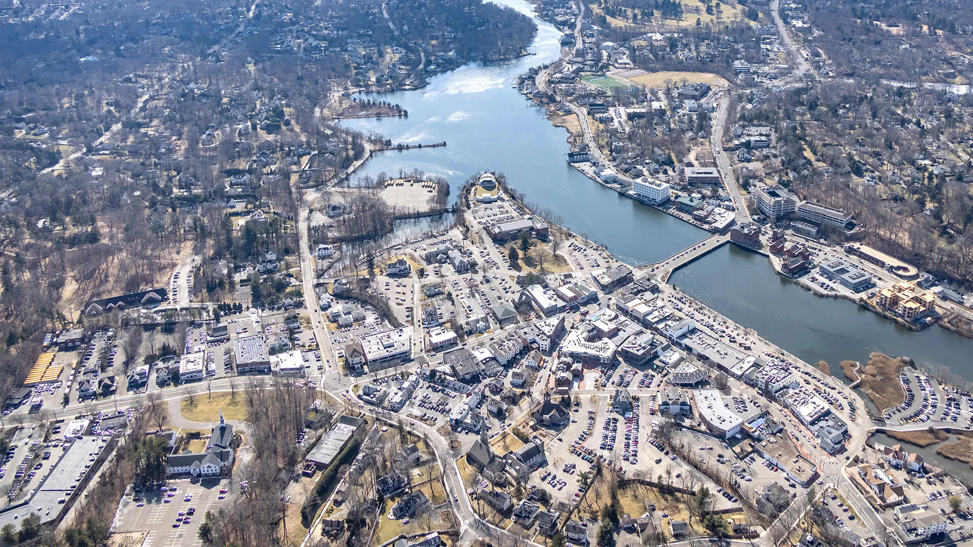 Aerial view of the Bridgeport, Connecticut waterfront and downtown buildings